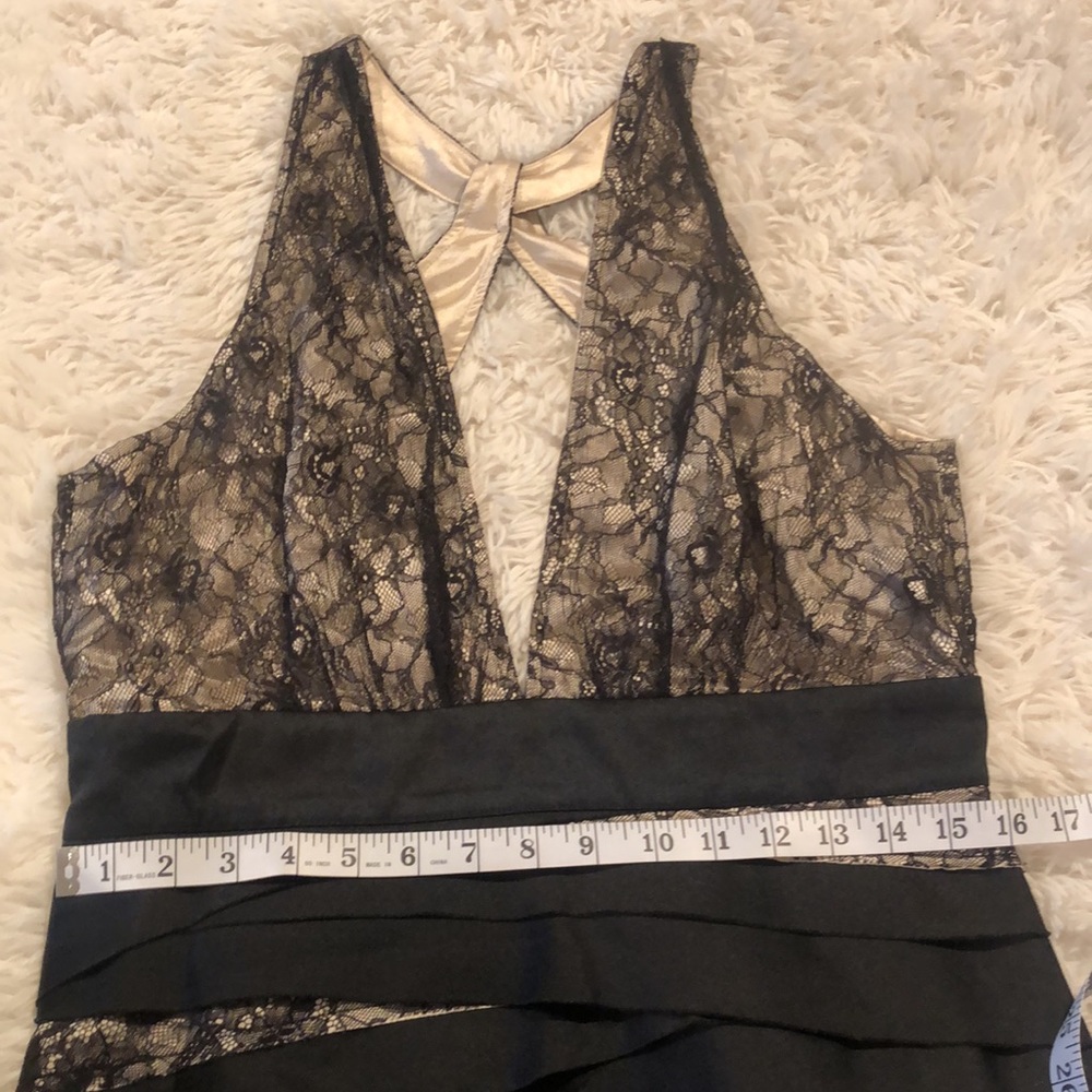 Stunning BEBE layered with satin and lace dress.  Sexy Low deep V cut front. - Picture 9 of 13